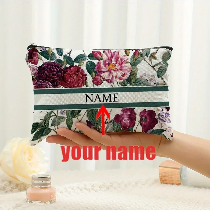 1 pièce trousse de maquillage personnalisée avec nom et motif floral imprimé, sac de rangement de voyage pour articles de toilette, organisateur de cadeaux de fête, pochette cosmétique