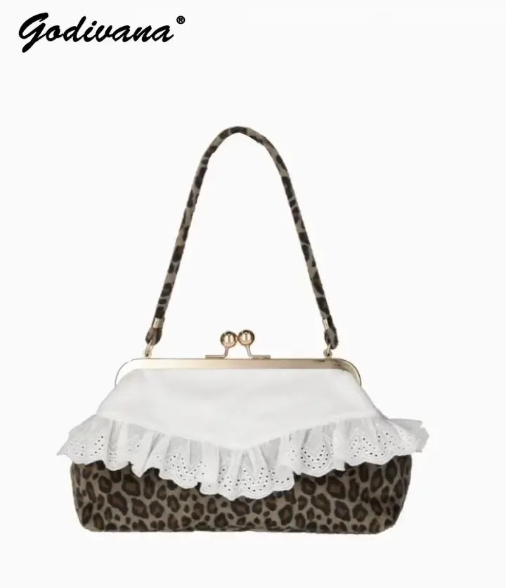 sac à main élégant de style japonais pour femmes, avec bordure en dentelle, fermoir d'épaule, sac sous le bras léopard, sacs fourre-tout