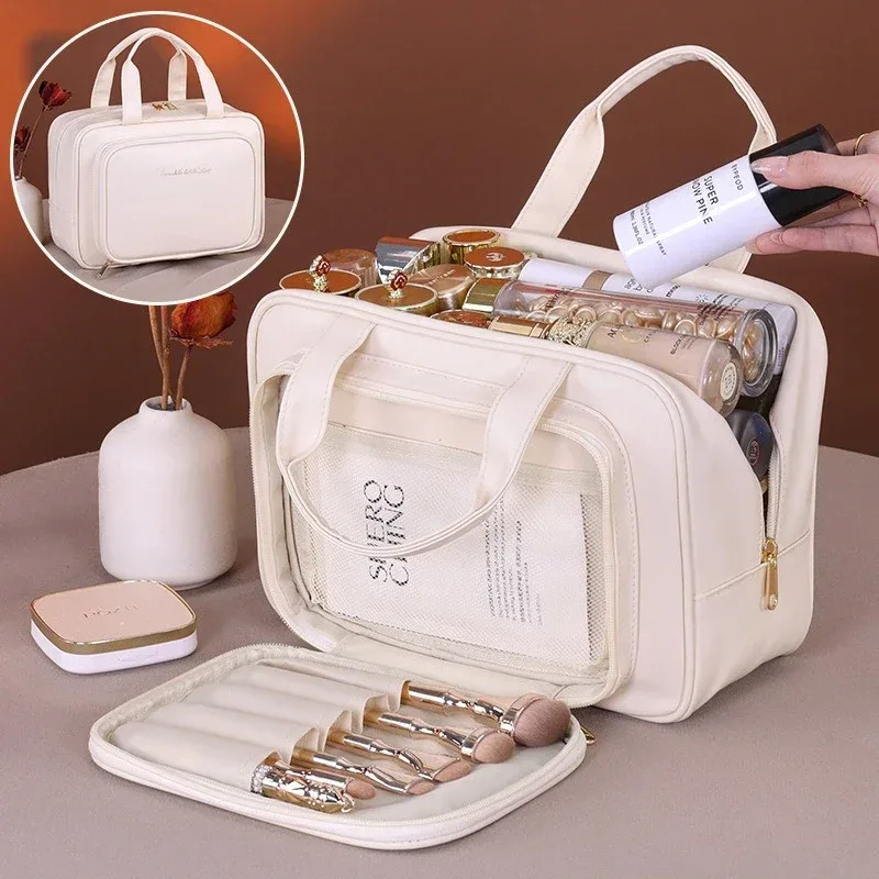 sac de maquillage de rangement portable multifonctionnel pour femmes, sac de rangement de toilette de voyage de grande capacité, nouveau sac à cosmétiques en cuir pu