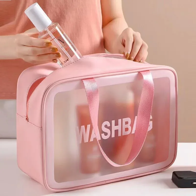 sac de maquillage et de toilette transparent en pu, grande capacité, sac de rangement portable semi-transparent givré en pvc
