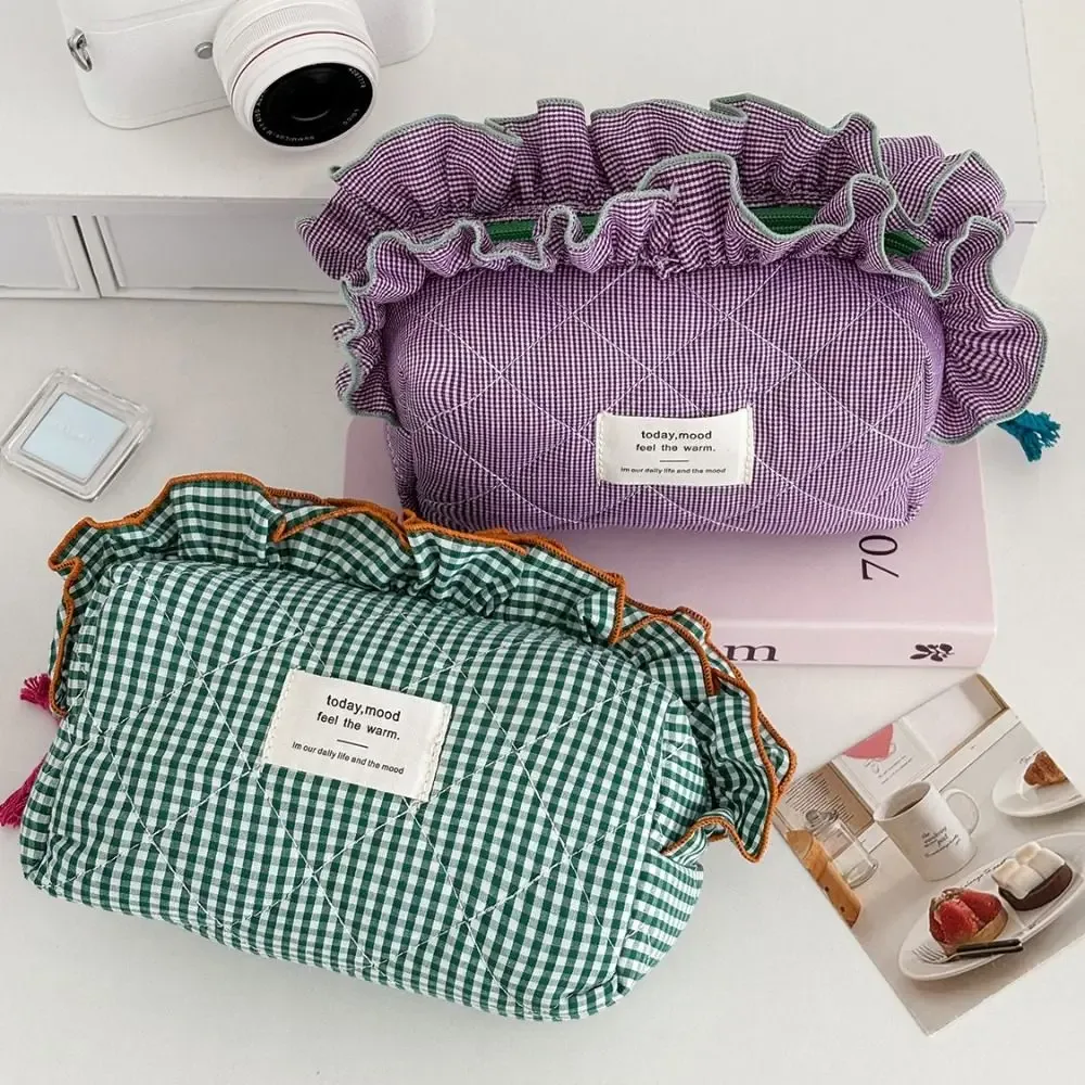sac de maquillage cosmétique vintage vichy portable, organisateur, pochette cosmétique de grande capacité, bords à volants, pochette en dentelle douce, usage quotidien