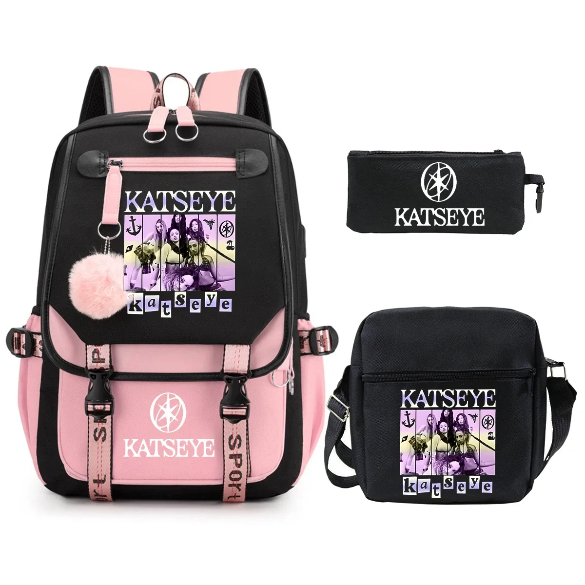 sac dos toile noire bandes violettes accents roses logo katseye dessin animé trousse petit sac bandoulière usage étudiante adolescente voyage école