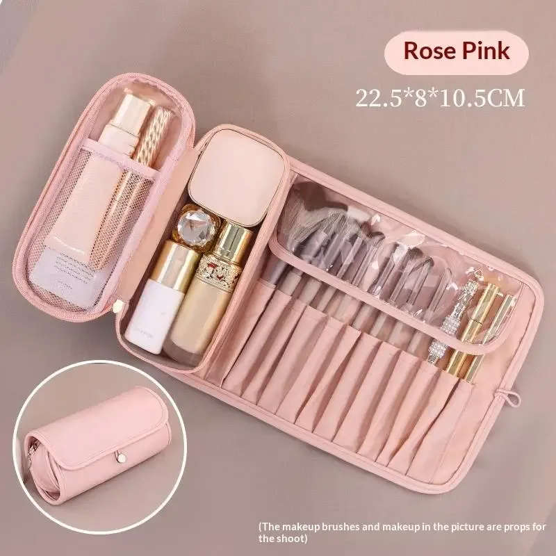 pochette cosmétique polyester rose pâle poches transparentes grande capacité design minimaliste rangement voyage femmes jeunes filles