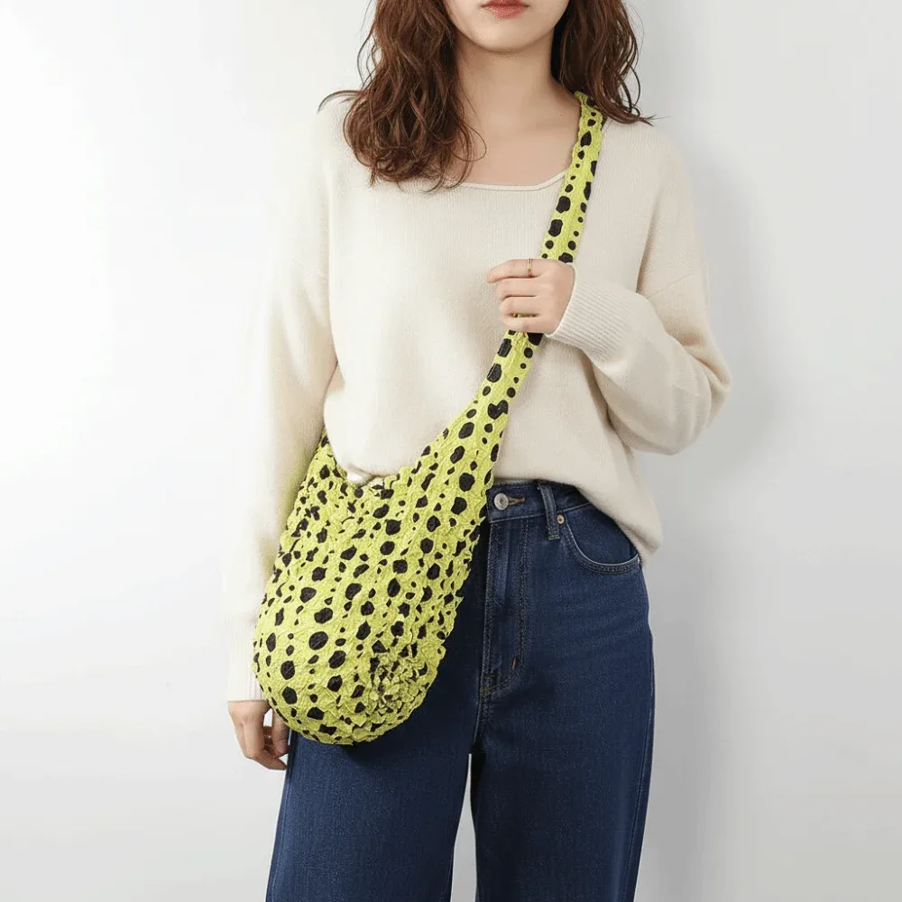 Sac bandoulière grande capacité à pois noirs en tissu tissé, sac de shopping à pois en polyester doux, design réutilisable