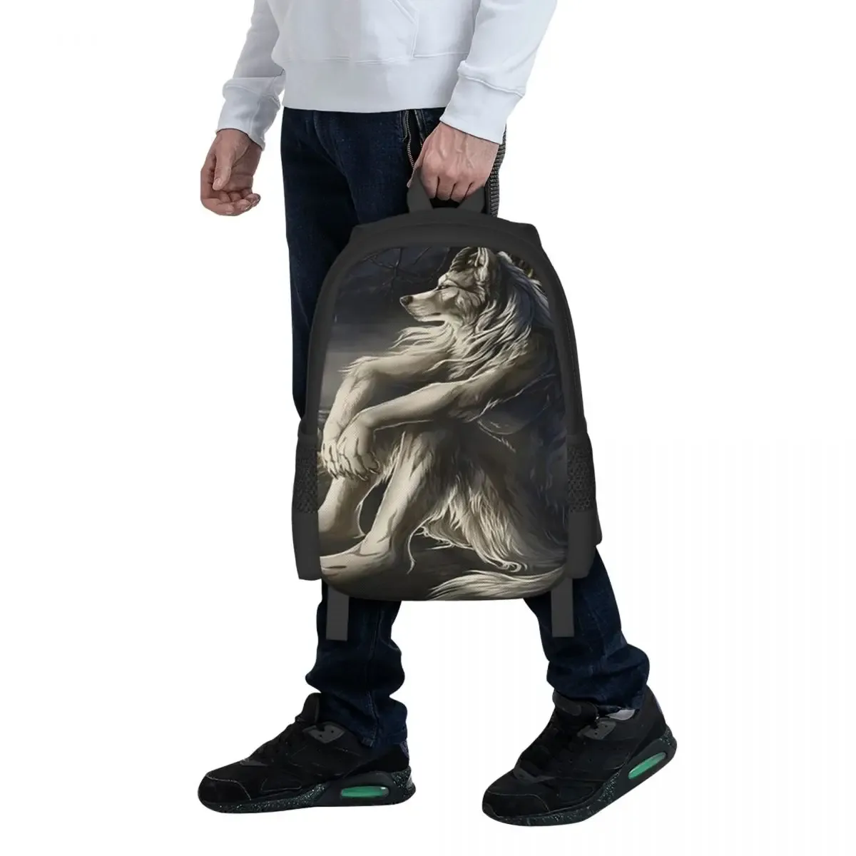 sac à dos emo white wolf sitting sad meme pour étudiants, sac d'école, sac de randonnée, sac de voyage, sac à dos de mode pour garçons et filles, sacs à bandoulière