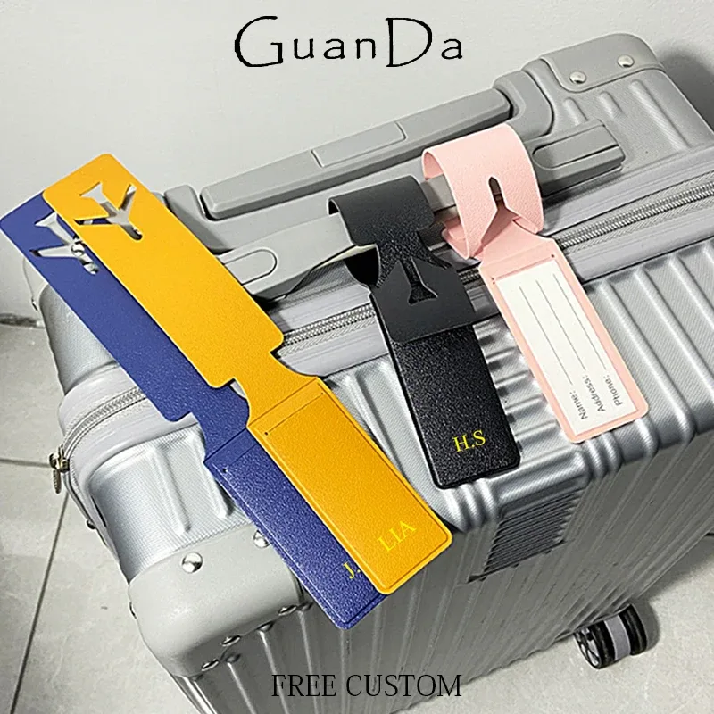 étiquette de bagage longue avec logo d'entreprise personnalisé, étiquette de valise d'avion portable en cuir pu de voyage, nom de vente en gros, porte-carte de message tel