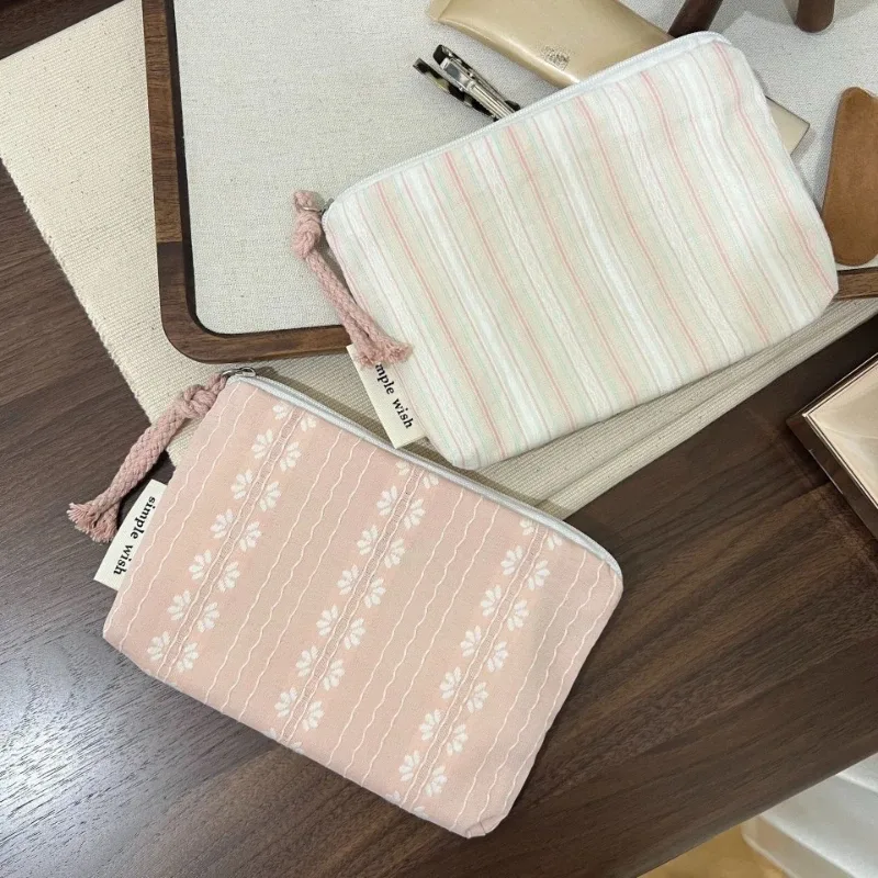pochette de maquillage rayée rose pour femme, mini portefeuille mignon, sac de rangement pour cosmétiques et rouges à lèvres, porte-monnaie