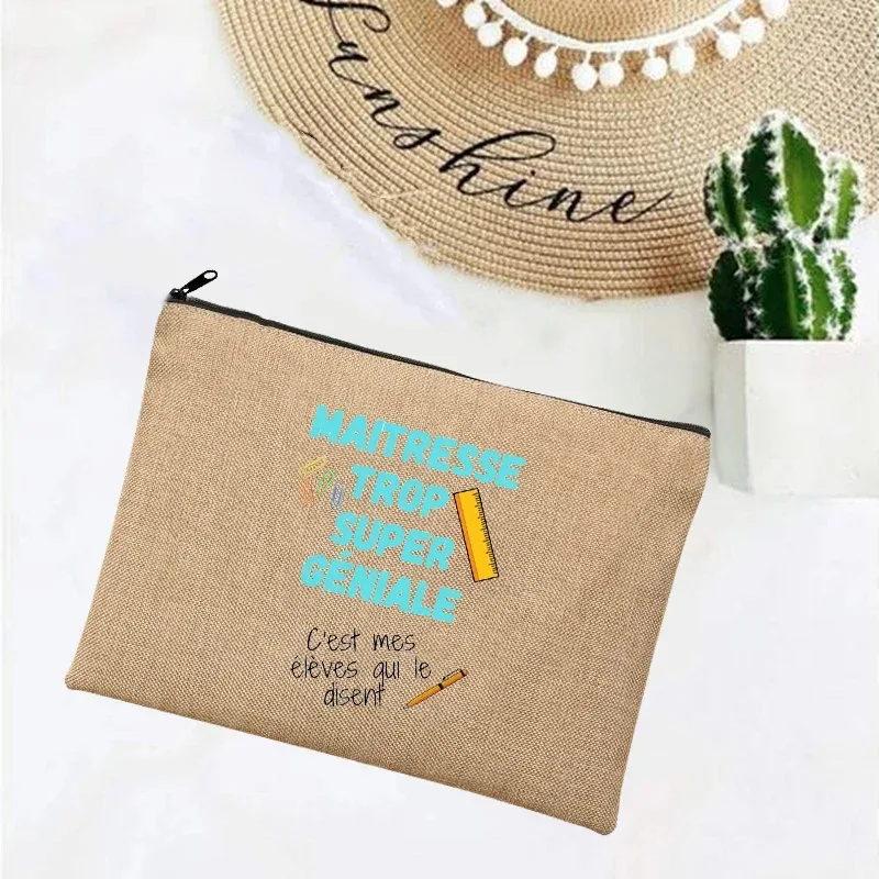 cadeau maitresse école cadeau maitresse trousse de maquillage sacs de maquillage en lin merci professeur impression française simple bracelet pochette plage papeterie stockage voyage organisateur étui cadeaux