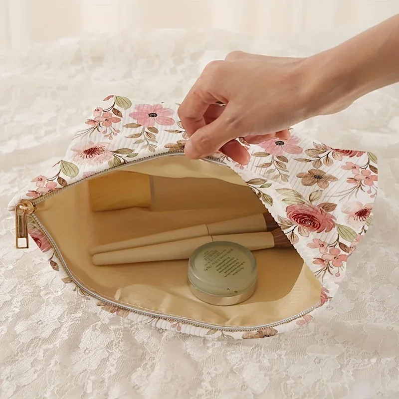 pochette de maquillage chic en velours côtelé à motif de roses - pochette cosmétique légère à fermeture éclair avec doublure pour articles de toilette et accessoires pour femmes