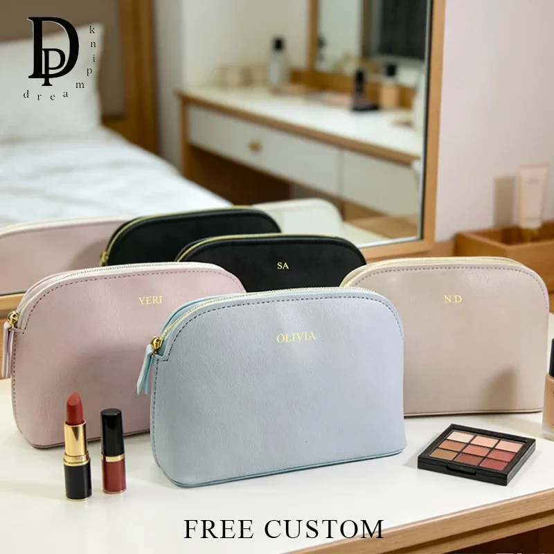 Sac de voyage cosmétique à fermeture éclair grande capacité, personnalisable avec nom, en cuir PU, sac de maquillage décontracté de luxe, trousse de toilette personnalisée, sac de rangement