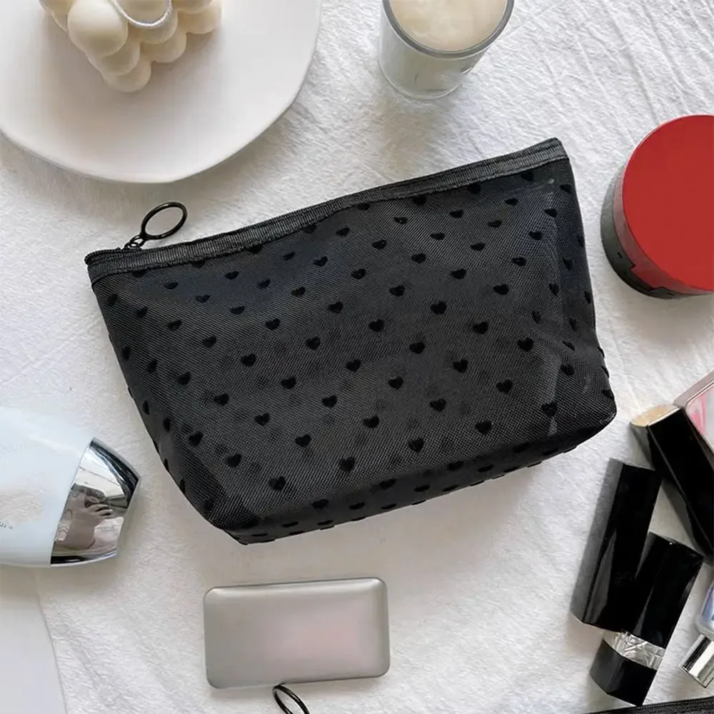 trousse de maquillage transparente grande capacité à fermeture éclair, motif cœur et points ondulés, sac de rangement cosmétique, trousse de toilette de voyage