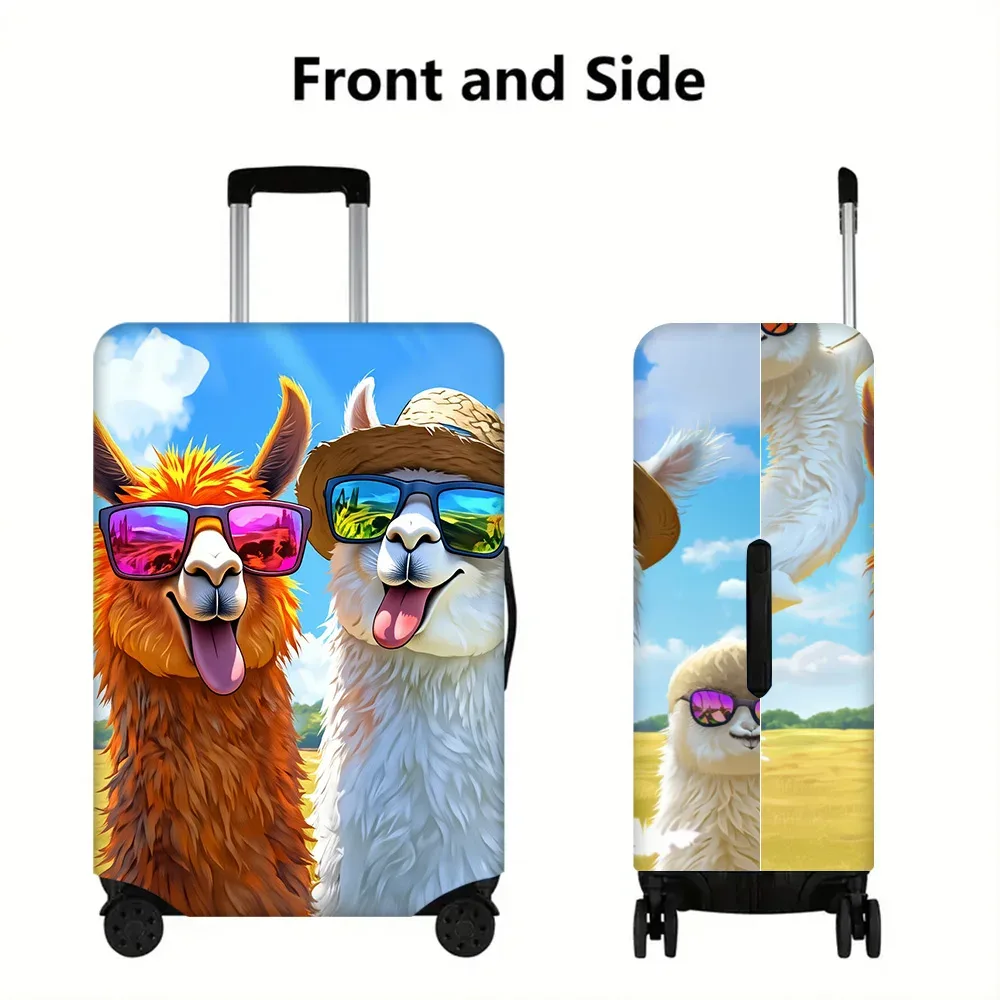housse valise polyester motif alpagas joyeux lunettes chapeau nuages bleus orange blancs protection voyage taille variable