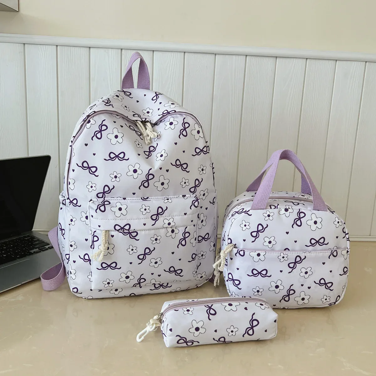 sac à dos imprimé fleurs avec nœud, léger et multifonctionnel, ensemble de trois pièces, pour étudiants et campus – collection high beauty sweet cool