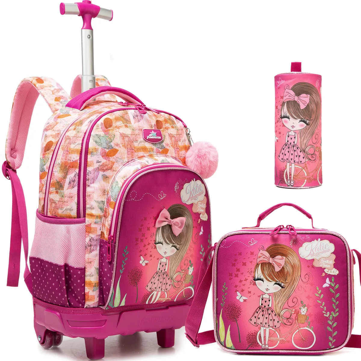 sac dos polyester bleu marine chat rose bicyclette fleurs multicolores grande capacité poche ordinateur portable roues fixes accessoires enfants voyage ecole