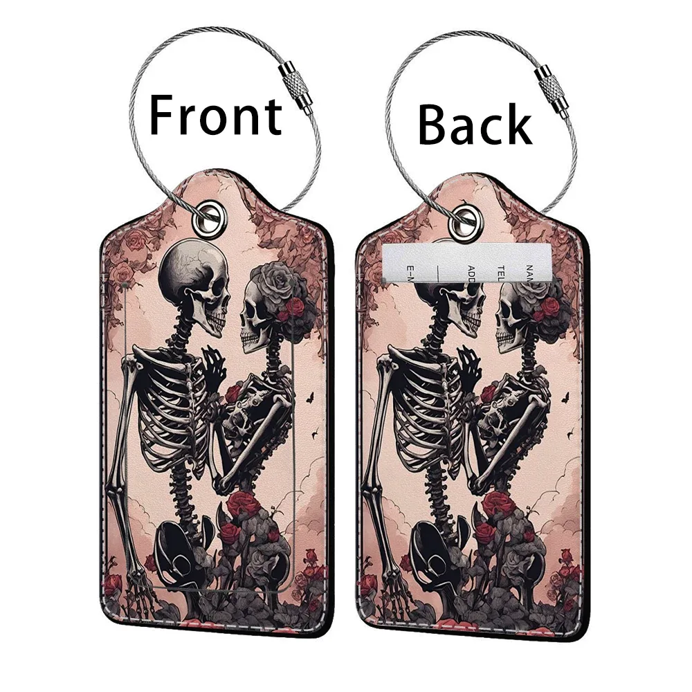 promotion étiquette de bagage en cuir à motif d'horreur, étiquette d'adresse pour valise, étiquette d'embarquement pour bagage, clip pour nom, identifiant et adresse