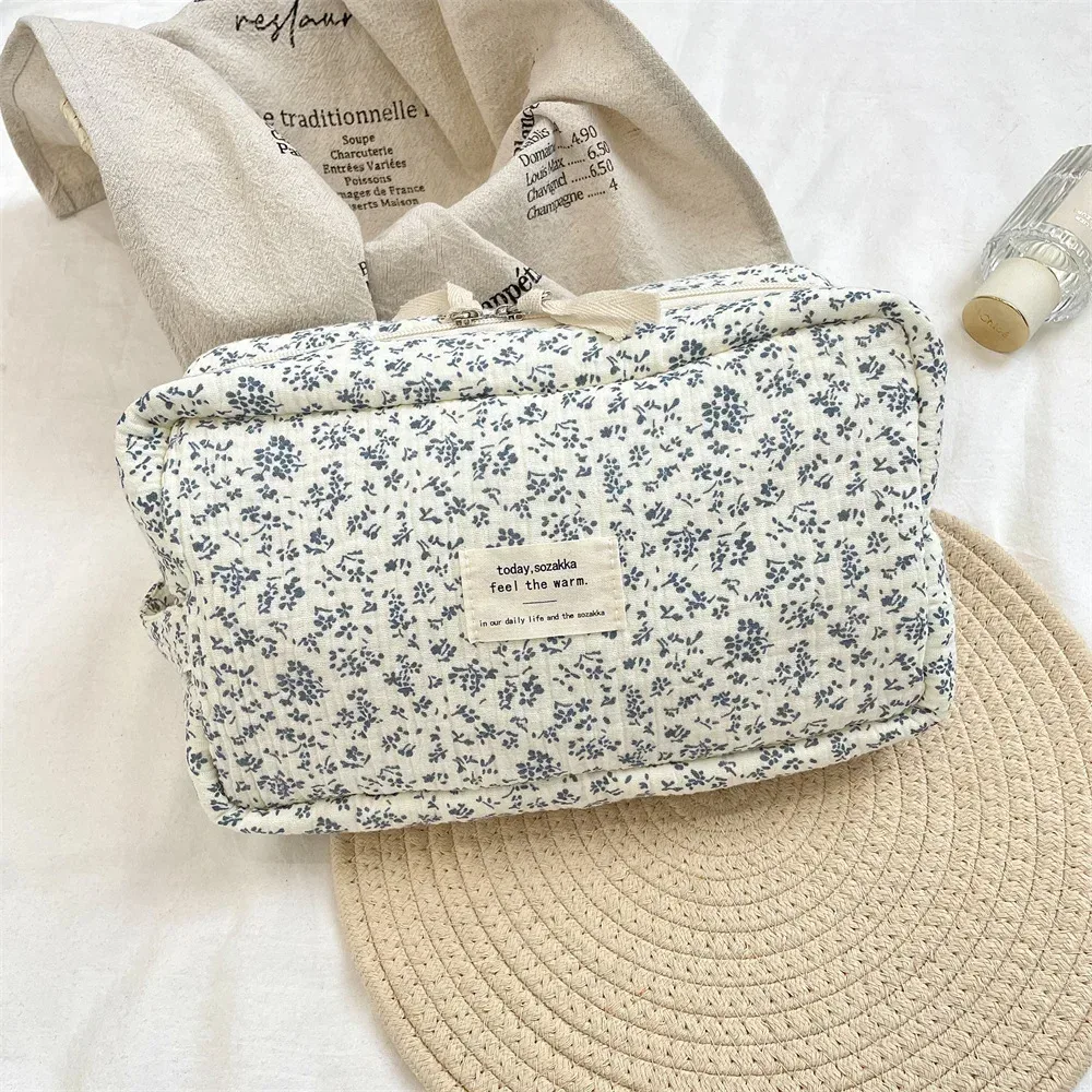 sacs de rangement de rouge à lèvres de grande capacité bleu fleur, trousse de maquillage de banlieue, trousse de toilette de voyage, trousse à cosmétiques pratique pour femmes