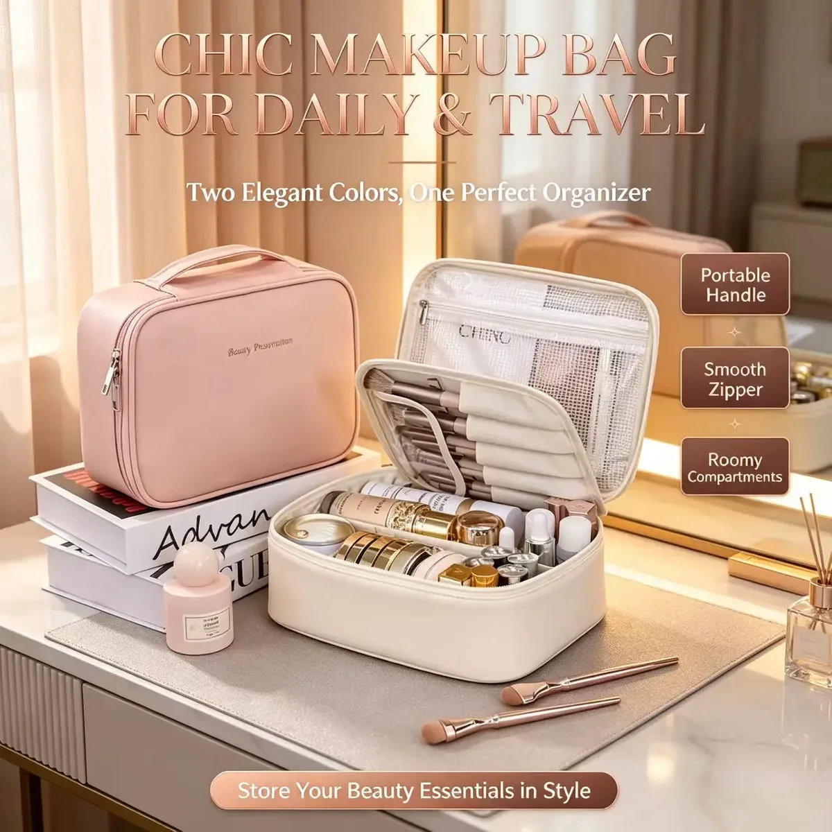 trousse de maquillage portable et étanche avec porte-pinceaux amovible, grande capacité, étui de rangement cosmétique de voyage avec séparateurs ajustables
