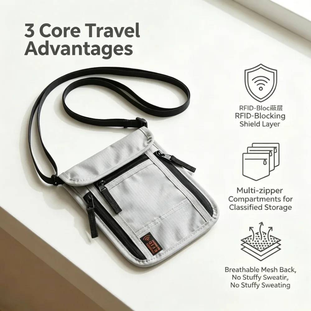 portefeuille de voyage pour le cou, porte-passeport anti-rfid avec sangle de cou réglable pour protéger l'argent, les cartes de crédit et les documents de voyage.