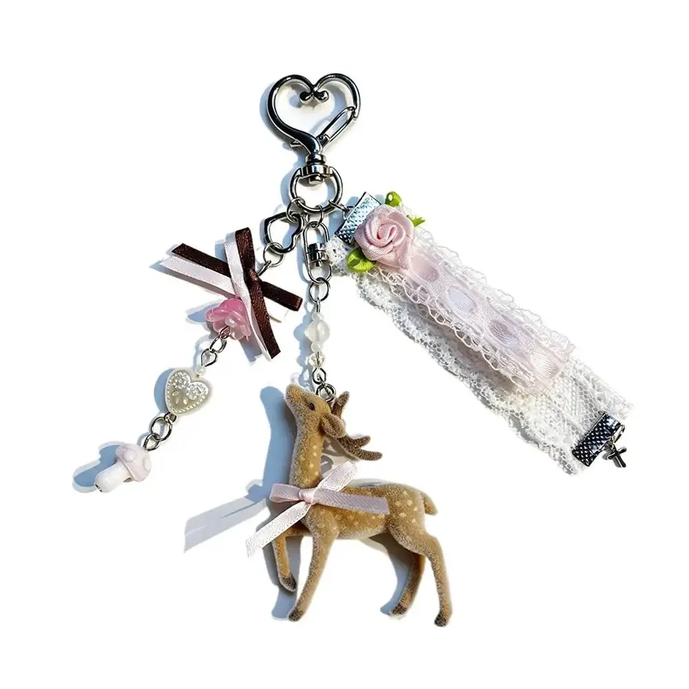 porte-clés cerf coquette adorable avec nœud en ruban de dentelle, breloque de sac, pendentif faon kawaii, accessoires pour sac à dos, cadeau pour femme