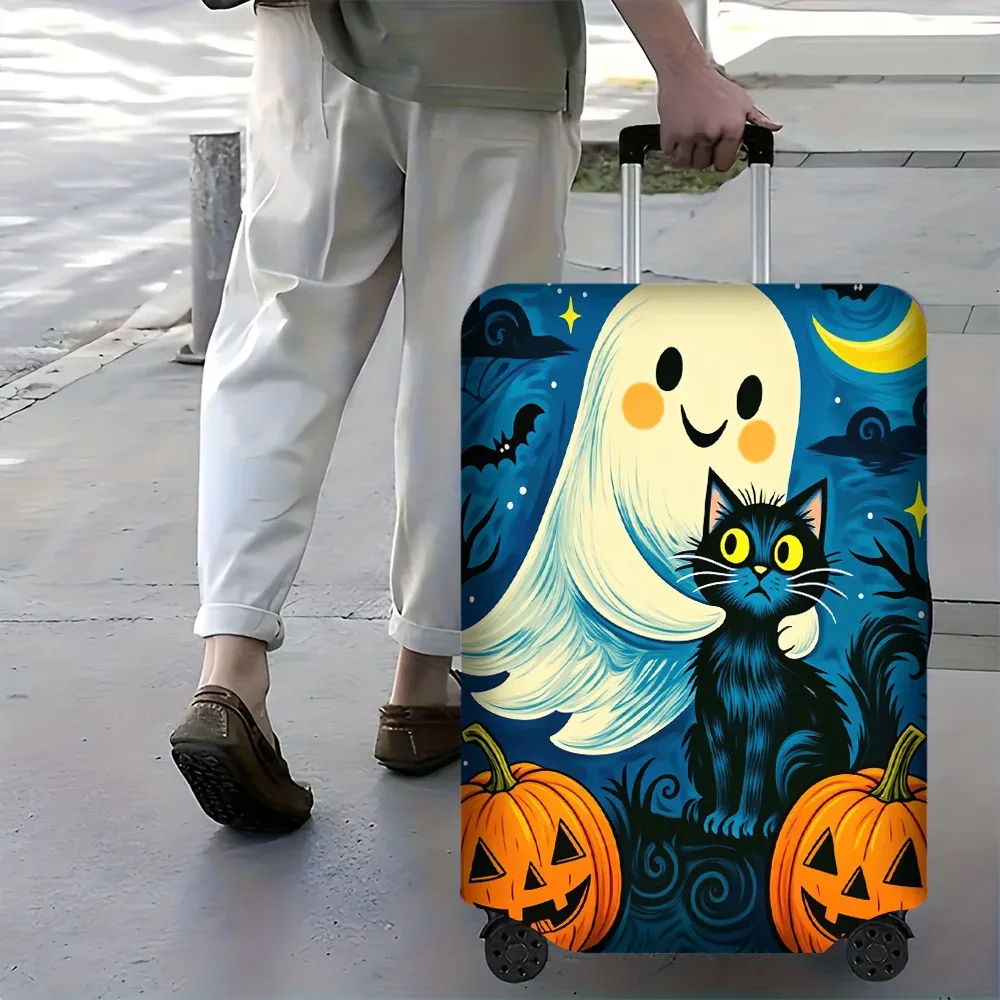 1 housse de bagage à imprimé fantôme et chat pour halloween, pour bagages de 18 à 32 pouces ; accessoires de voyage anti-poussière et élastiques pour une protection efficace