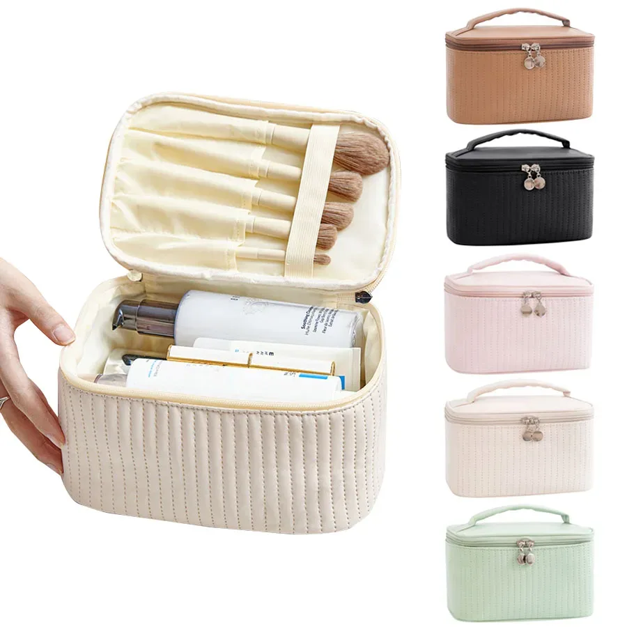 sacs de maquillage pour femmes, trousse de toilette de voyage, étuis mignons, boîte de rangement de maquillage portable de couleur unie, sac à cosmétiques nécessaire en cuir pu
