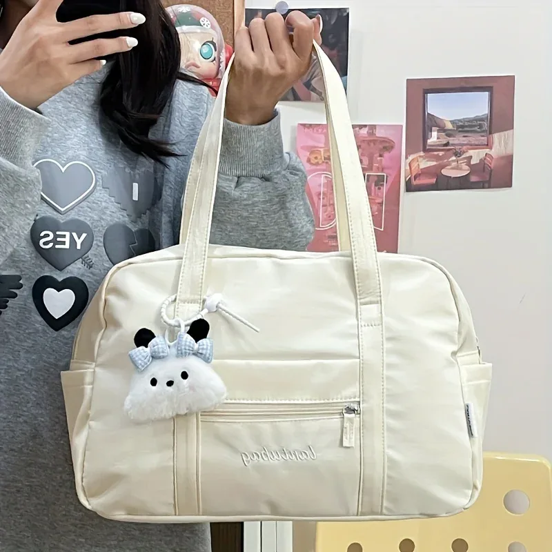 sac fourre-tout tendance avec joli breloque en peluche pour l'épaule, plusieurs poches latérales, poche avant zippée, sac à main grande capacité, idéal pour les voyages pour femmes