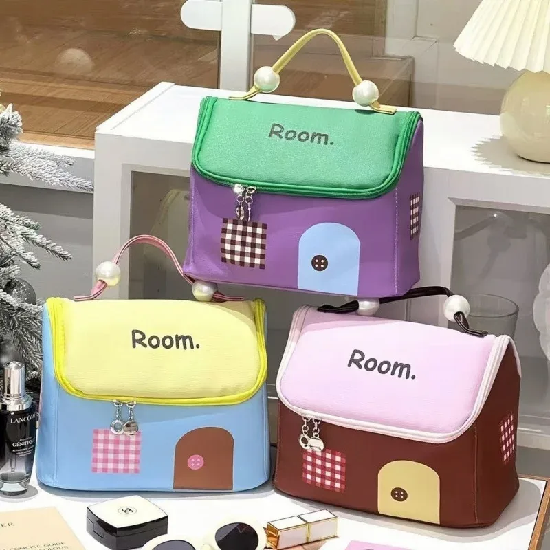 Trousse Toilette Tissu Non Tissé Violet Jaune Marron Dessin Animé Poignée Perles Multi Compartiments Voyage
