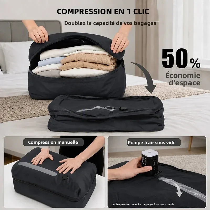 sac compression polyester noir bandes grises vide voyage rangement grande capacité utilisation famille camping