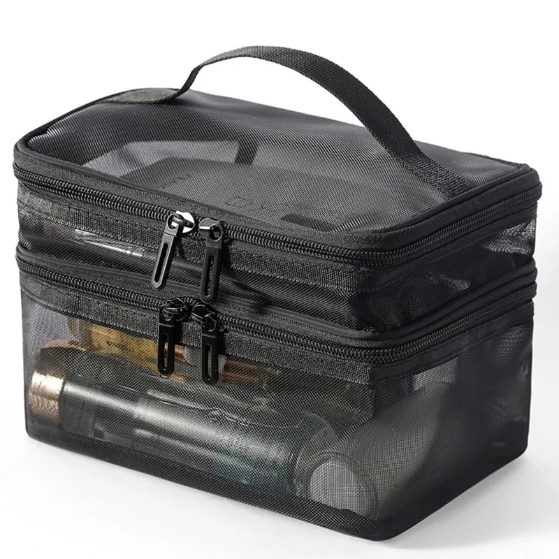 sac de rangement portable à 2 couches en maille avec fermeture éclair, trousse de maquillage à main, sac de voyage pliable transparent, pochette de toilette grande capacité