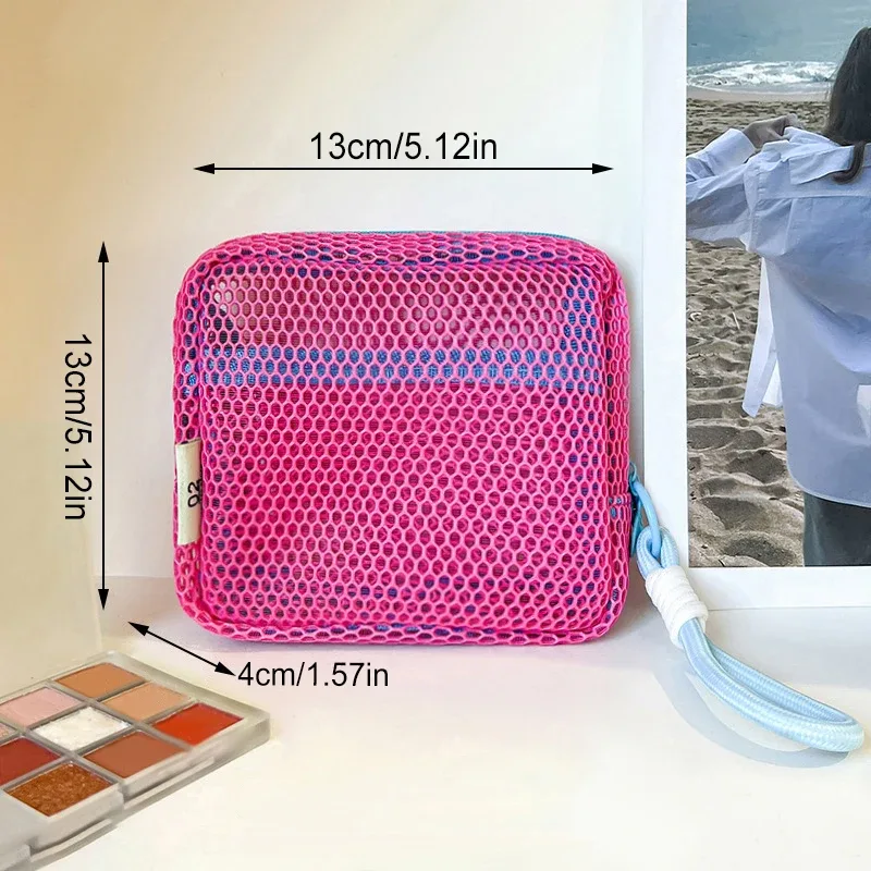 sac de rangement cosmétique carré portable avec fermeture éclair, sac cosmétique carré en maille, sac de rangement multi-usages pour articles divers