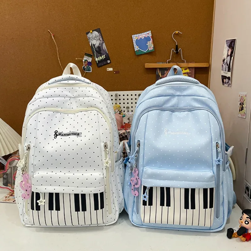 sac à dos d'étudiant grande capacité, sac à bandoulière double, imprimé à pois clavier de piano, sac de voyage scolaire, style coréen vintage