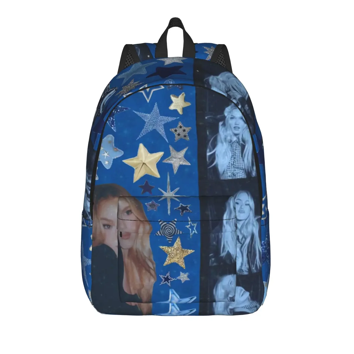 sac à dos freya skye avec patchwork photo et texte bleu, sacs à dos modernes pour garçons, sacs de randonnée souples, sacs d'école secondaire, sac à dos de créateur