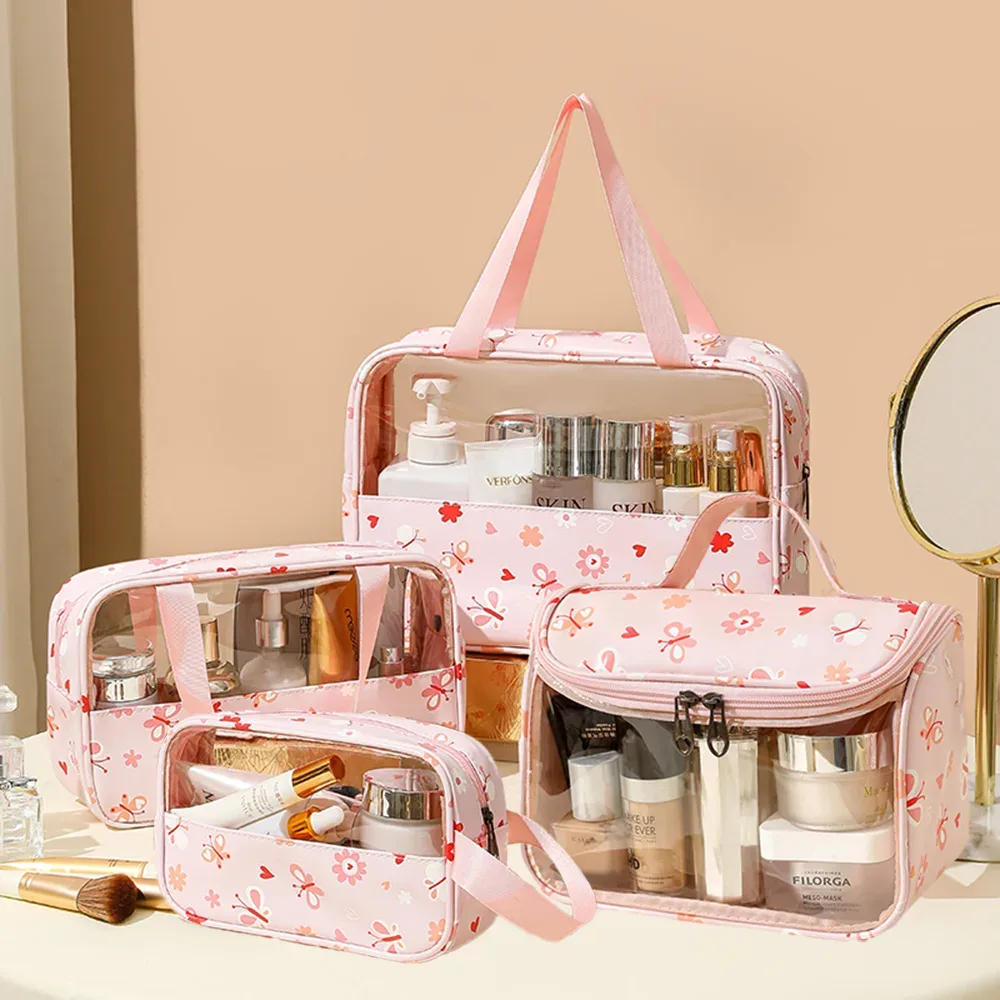 4 pièces sac de maquillage en pvc fleur imprimé sac à main de lavage transparent pochette cosmétique de voyage étanche trousse de toilette pratique porte-monnaie