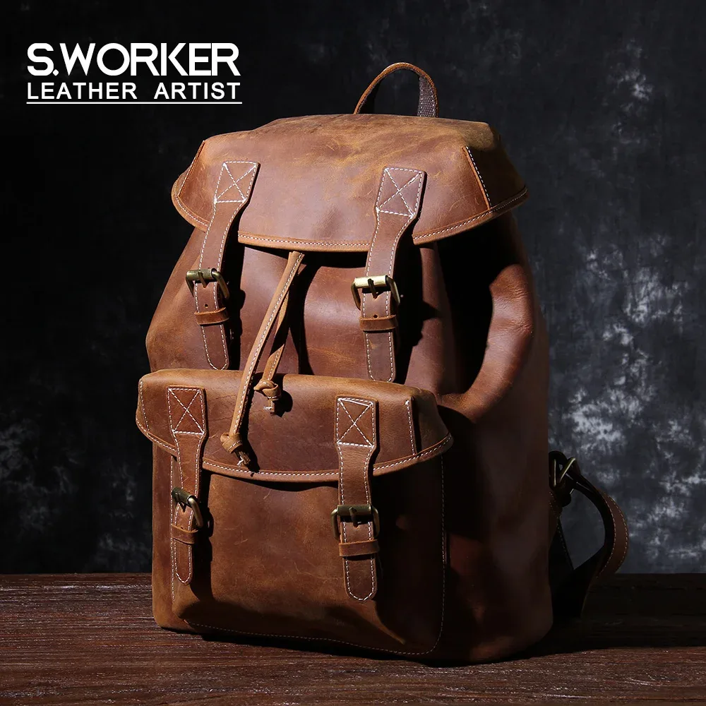 S.WORKER – sac à dos Vintage en cuir véritable pour hommes, sac d'école Vintage Crazy Horse, grand sac à bandoulière en cuir de vache pour ordinateur portable