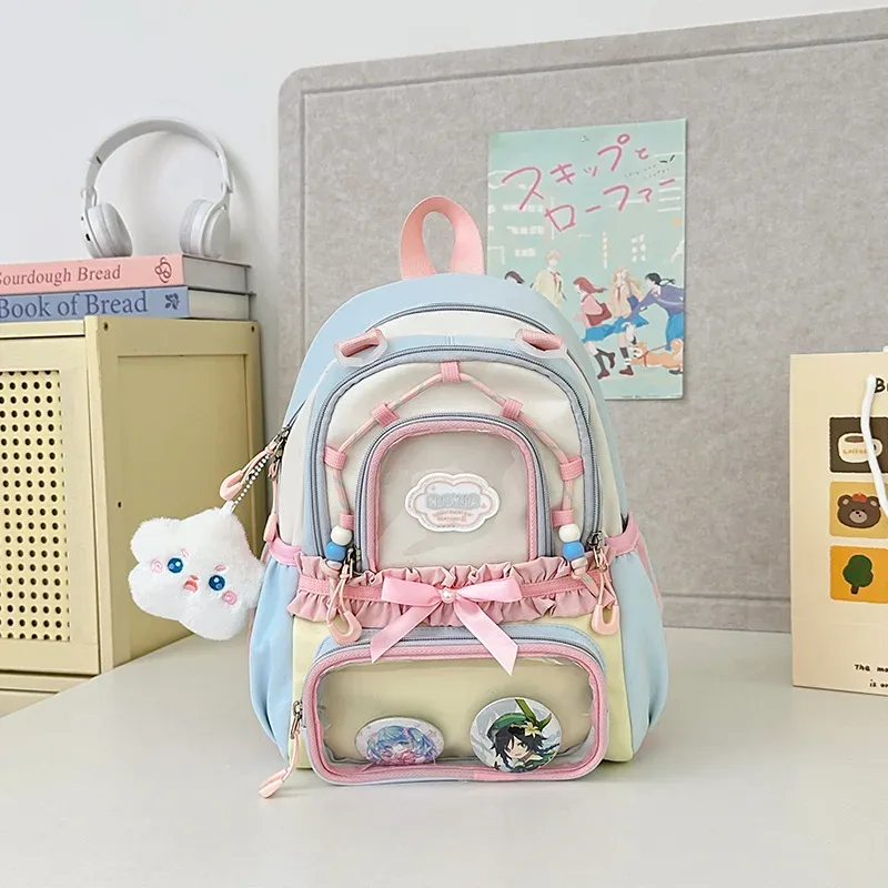 sac à dos coréen à nœud papillon, grande capacité, esthétique soignée, couleur transparente contrastante, pour l'école