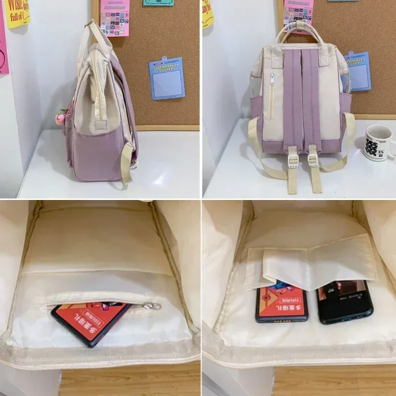sac dos nylon pastel beige violet bandoulière ouverte motif fruits poche avant voyage loisirs