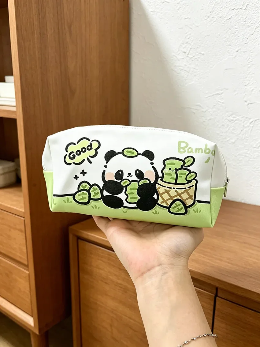 sac de rangement imprimé panda blanc et vert, pochette à fermeture éclair de grande capacité pour papeterie et cosmétiques, imperméable et résistant aux rayures