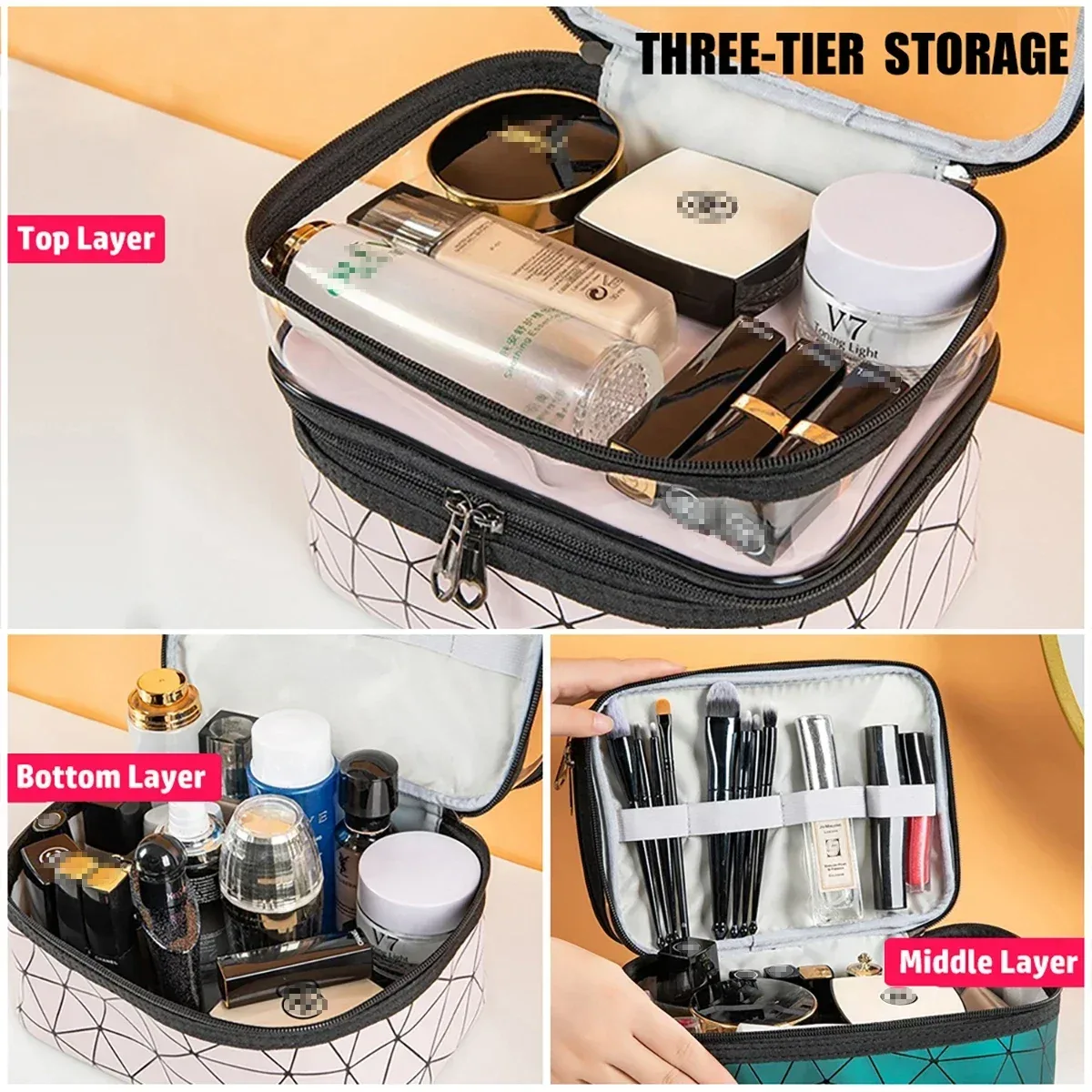 sac de maquillage portable double couche grande capacité, trousse de toilette étanche de voyage, pochette de rangement portable pour cosmétiques