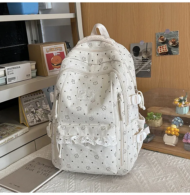 sac à dos d'hiver en velours côtelé, imprimé étoiles coréennes, avec dentelle, mignon, style mori girl, artistique, pour collégiennes
