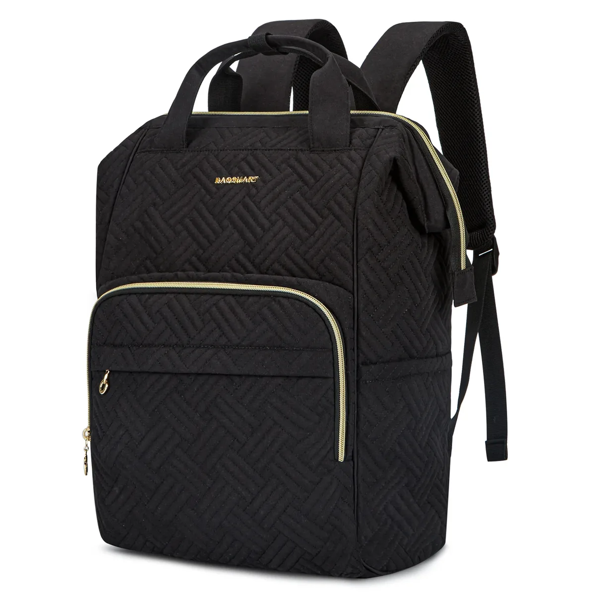 sac dos nylon rose pâle motif géométrique relief poches latérales grande ouverture fermeture glissière bandoulière arquée usage voyage universitaire
