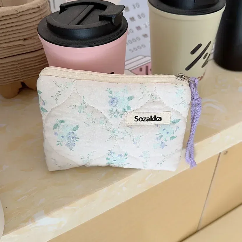 sac de maquillage en coton doux à motif floral, fermeture éclair, rangement pour rouge à lèvres, nœuds, sac cosmétique, trousse de toilette, pochette multifonctionnelle, porte-monnaie