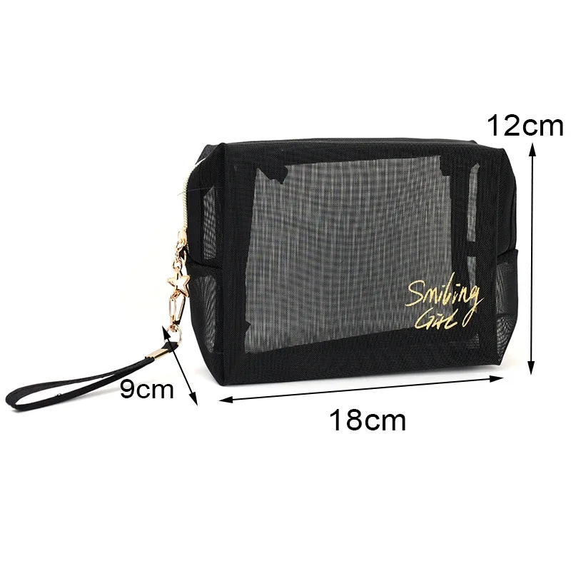 trousse de maquillage en maille noire de grande capacité, pochette de rangement, trousse de toilette décontractée à fermeture éclair, trousse de maquillage pour femmes, sac à cosmétiques de voyage