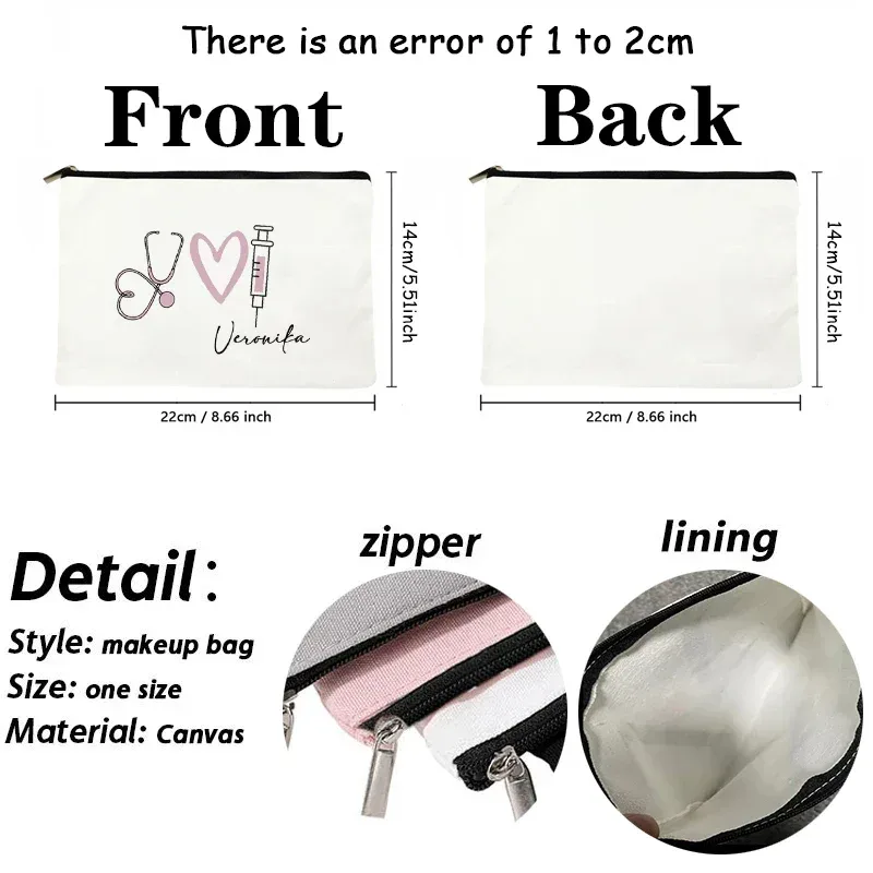 sac à lettres personnalisable, pochette pour infirmière, stéthoscope, seringue, imprimé cœur, sac cosmétique, sac de voyage réutilisable avec nom personnalisé