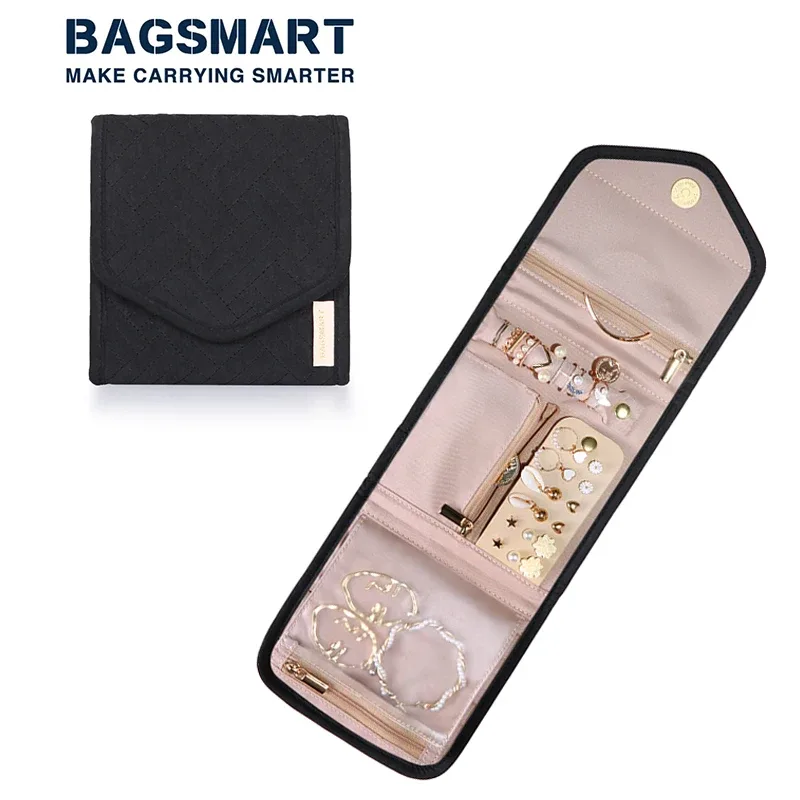 trousse toilette flanelle polyester noire beige geometrique matelasse portable voyage cosmétiques bijoux ornement doré perles blancs