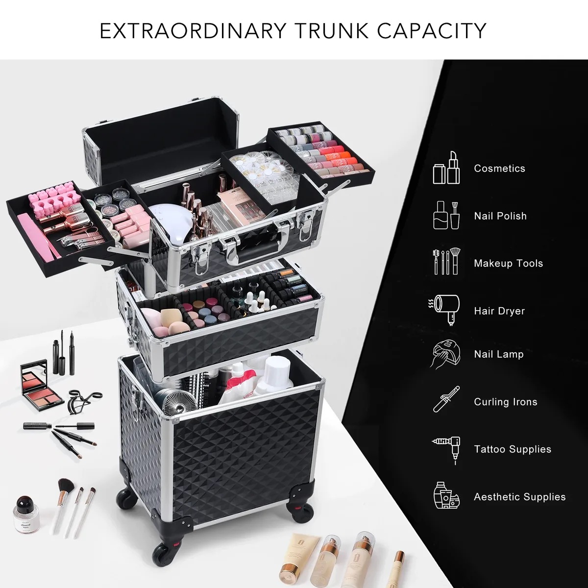 valise de rangement roulante à 4 plateaux avec poignée télescopique, valise de maquillage 3-en-1 à cadre en aluminium, mallette de maquillage sur roulettes, chariot de maquillage portable, valise de barbier, organisateur d'outils professionnels pour vernis à ongles, valise de rangement