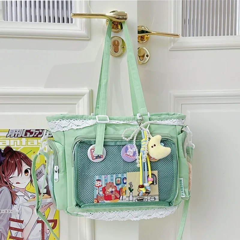 sacs bandoulière style universitaire pour fille, poche transparente, couleur unie, itabag grande capacité, sac à bandoulière en dentelle, pour poupées en coton, tenue quotidienne