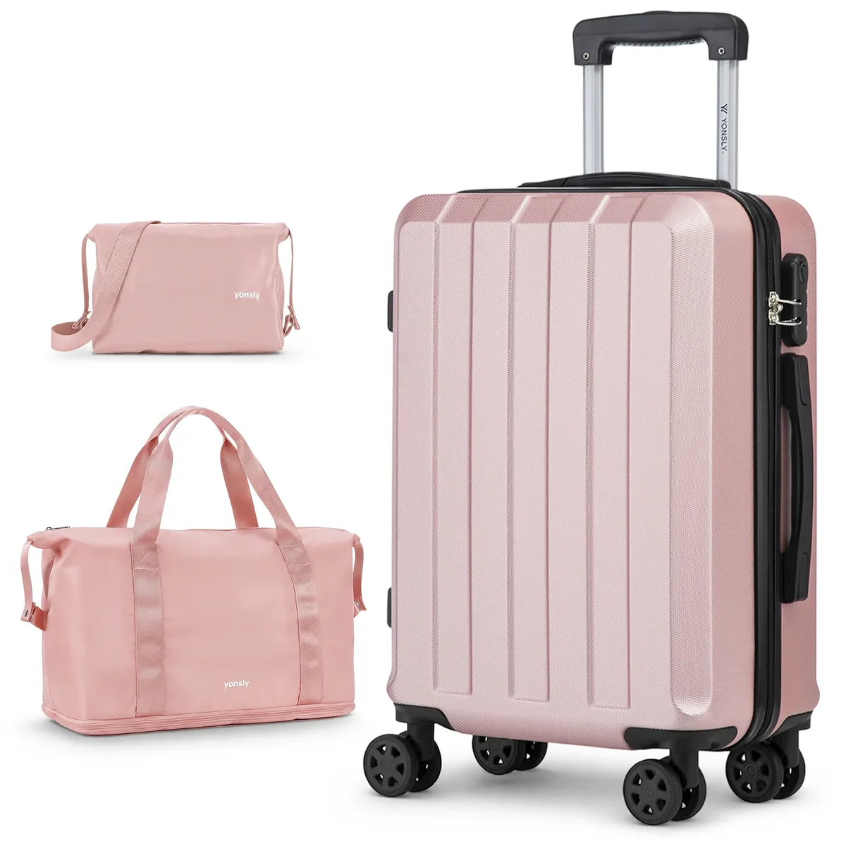 ensemble de 3 valises yonsly comprenant une valise de voyage extensible en nylon de 20 pouces, une trousse de toilette, une valise avec serrure à combinaison et 4 roulettes pivotantes à 360 degrés. °   roues, un spinner, un compartiment en maille et une poignée en caoutchouc souple pour les vacances