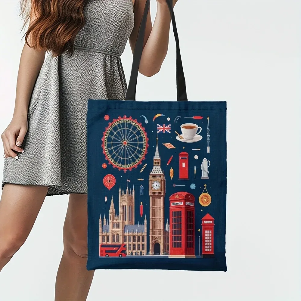 sac fourre-tout réutilisable pour courses, pour femmes, design sur le thème de londres, big ben, cabines téléphoniques rouges, union jack, sac de courses en toile de grande capacité