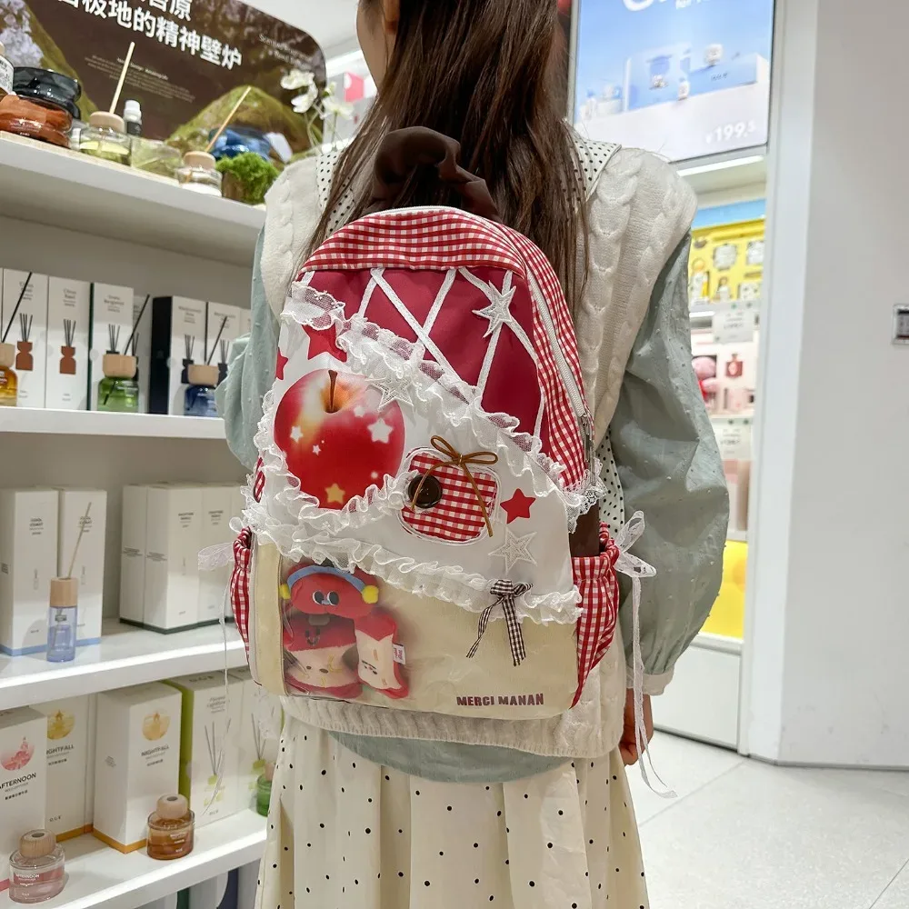 sac à dos apple star ita bag à carreaux en dentelle, style frais et doux, pour étudiantes, sacs portables pour femme