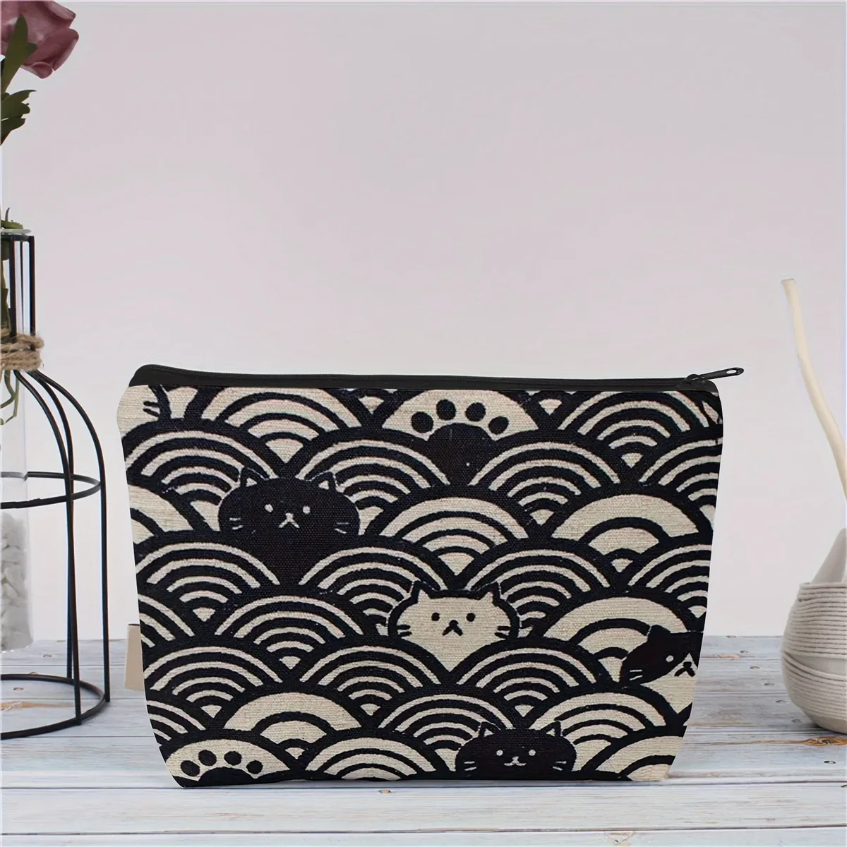 pochette de maquillage vintage japonaise seigaiha & neko avec fermeture éclair - motif vagues océaniques et chat, porte-monnaie, trousse à crayons - noir et beige